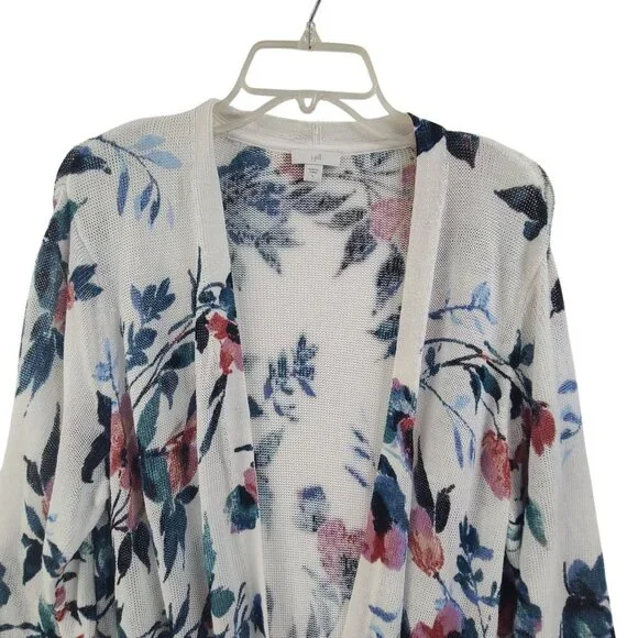 J. Jill Floral Linen Open Duster Cardigan Size Large White Spring Watercolor - Picture 5 of 10